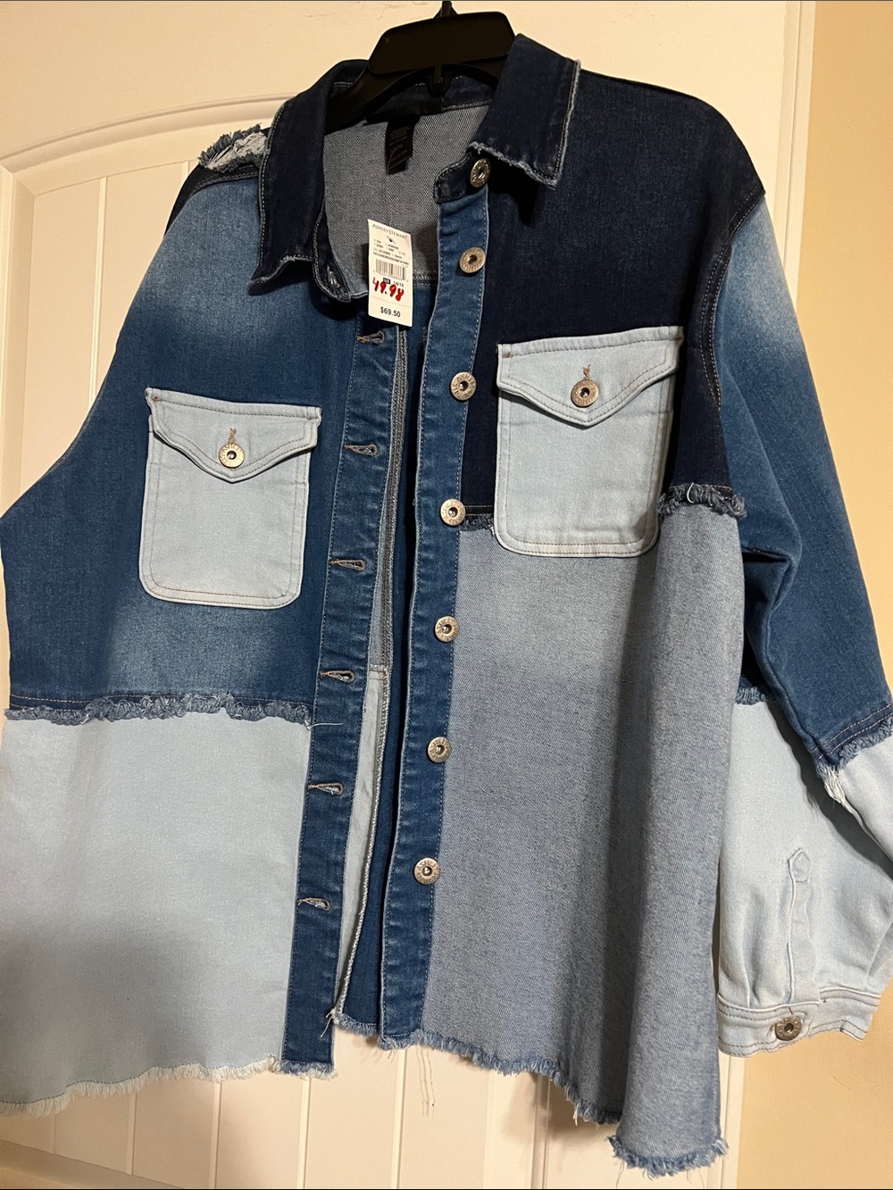 Ashley Stewart Two-Tone Blue Patchwork Denim Jacket